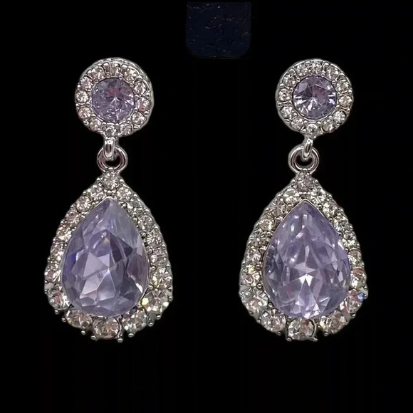 Pave’ Crystal & Stone Drop Earrings Purple Stone Tear Drop NWT - Picture 2 of 4